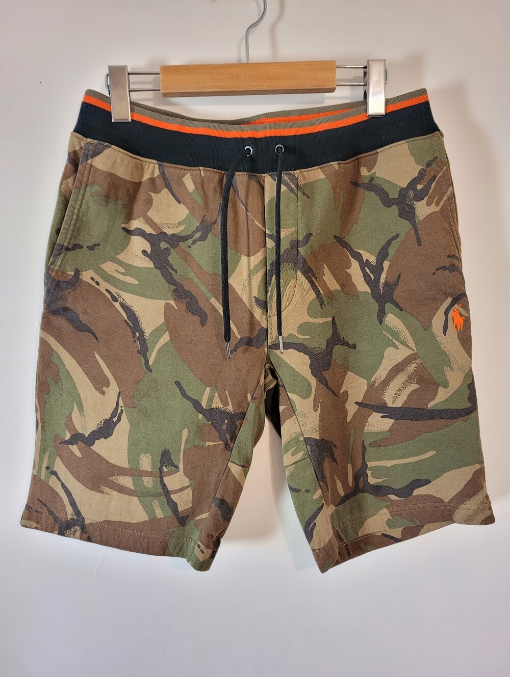Polo by Ralph Lauren Camouflage Indiana Drawstring Shorts with Orange Logo - S